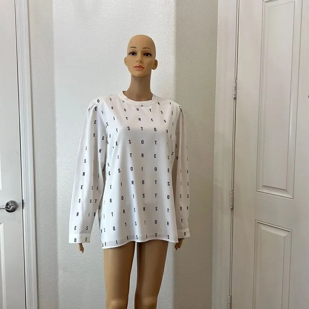 Stories By Kelly Osborne XL Blouse Black White Crewneck Long Button Sleeve Work